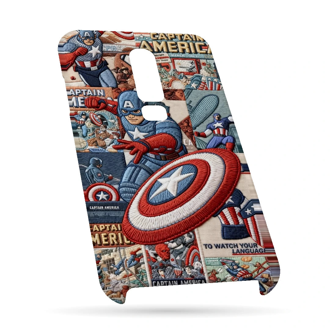 Captain America Shield 3D Print OnePlus 6 Phone Case, bottom view; Captain America and a red, white and blue shield over comic panels