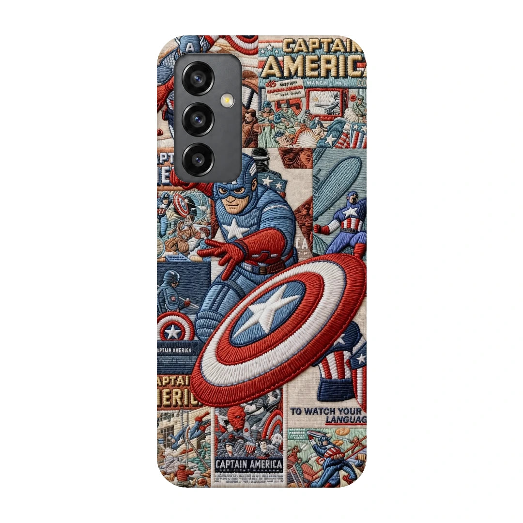 Captain America Shield 3D Print Samsung Note 20 Phone Case, back view; Captain America and a red, white and blue shield over comic panels