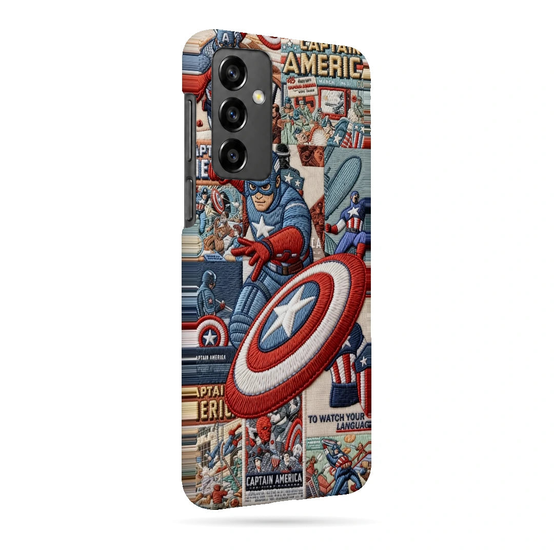 Captain America Shield 3D Print Samsung Note 20 Phone Case, right-side view; Captain America and a red, white and blue shield over comic panels
