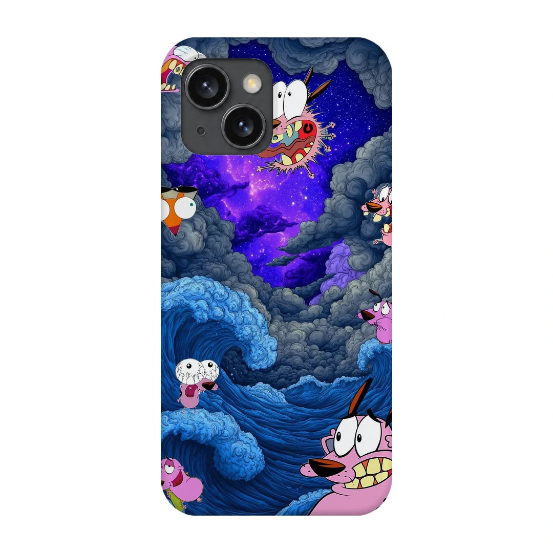 Cartoon Cosmic Clouds 3D Print iPhone 15 Phone Case, back view; small cartoon characters among blue clouds and a purple cosmic sky