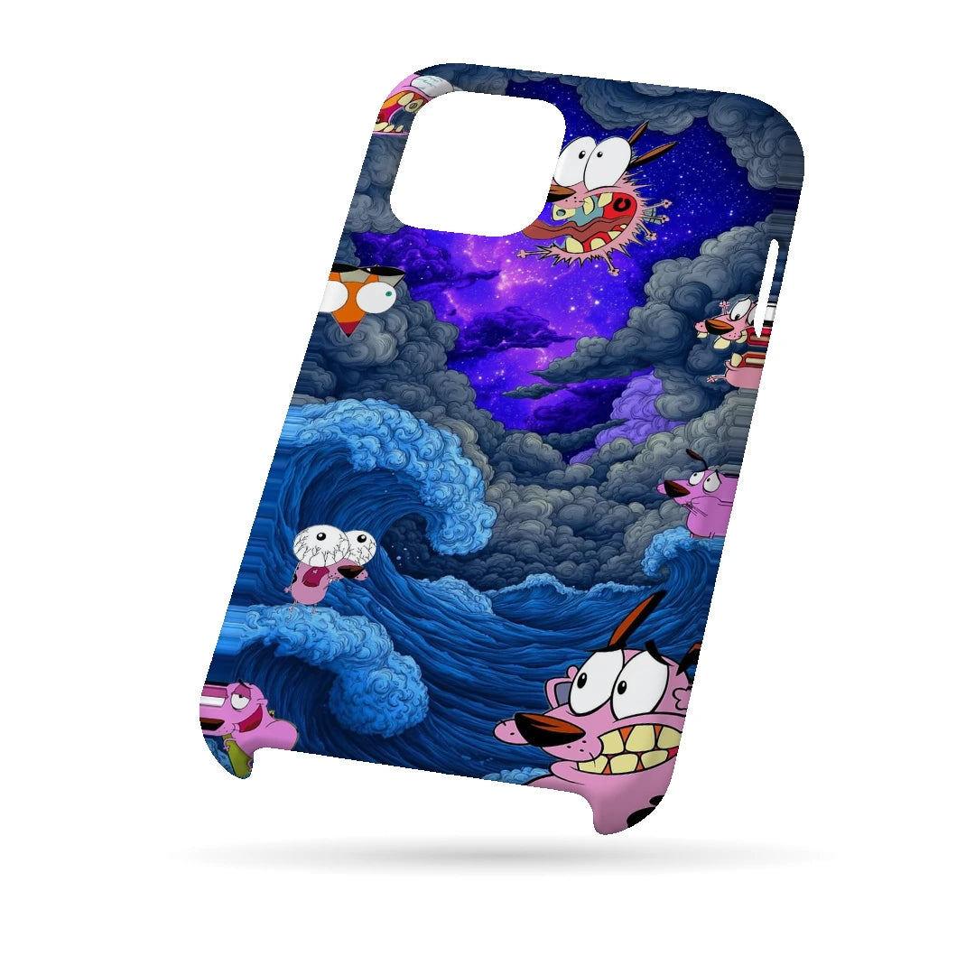 Cartoon Cosmic Clouds 3D Print iPhone 15 Phone Case, bottom view; small cartoon characters among blue clouds and a purple cosmic sky