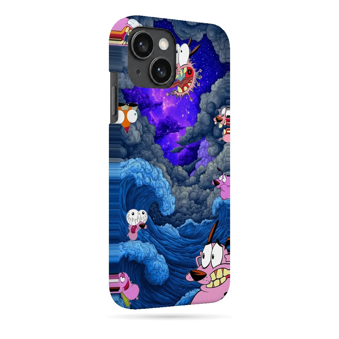 Cartoon Cosmic Clouds 3D Print iPhone 15 Phone Case, right-side view; small cartoon characters among blue clouds and a purple cosmic sky