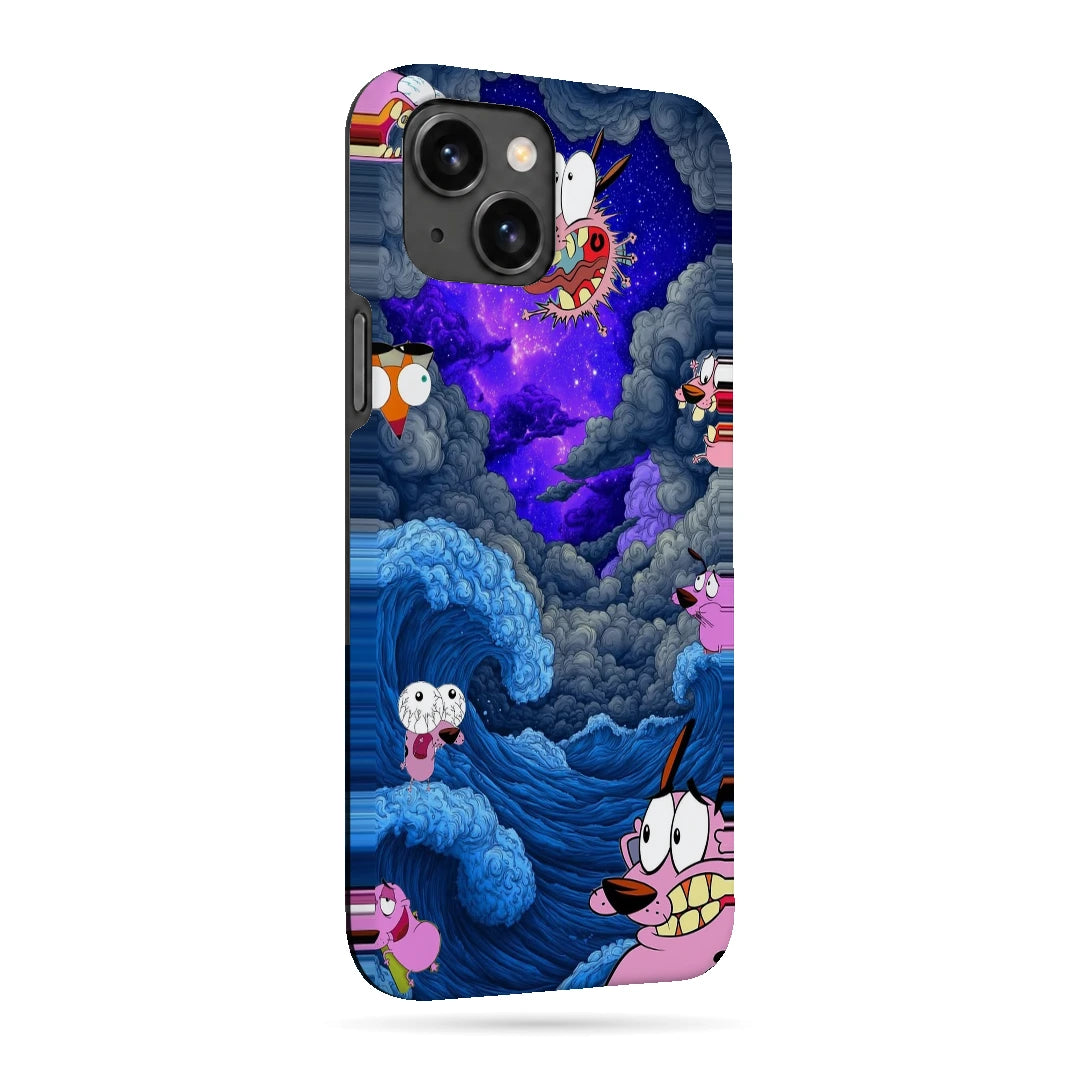 Cartoon Cosmic Clouds 3D Print iPhone 15 Plus Phone Case, right-side view; small cartoon characters among blue clouds and a purple cosmic sky