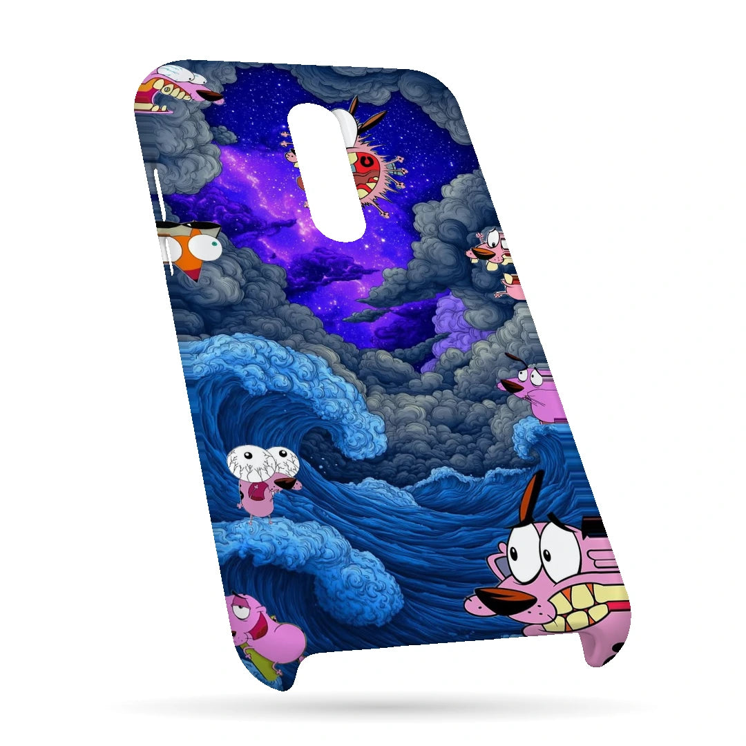 Cartoon Cosmic Clouds 3D Print OnePlus 7 Phone Case, bottom view; small cartoon characters among blue clouds and a purple cosmic sky