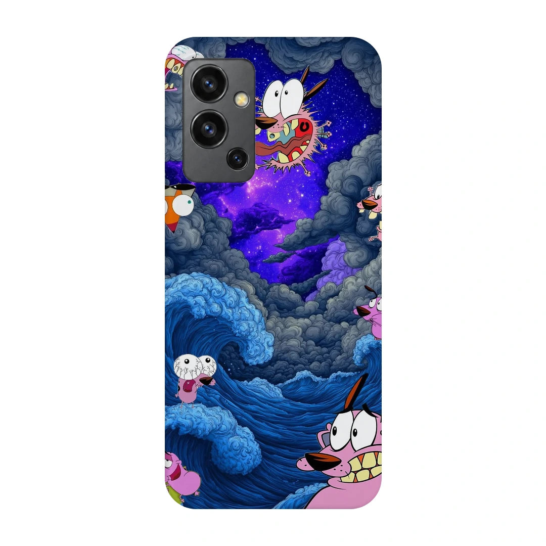 Cartoon Cosmic Clouds 3D Print OnePlus Nord 2 Phone Case, back view; small cartoon characters among blue clouds and a purple cosmic sky