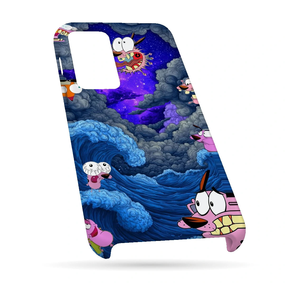 Cartoon Cosmic Clouds 3D Print OnePlus Nord 2 Phone Case, bottom view; small cartoon characters among blue clouds and a purple cosmic sky