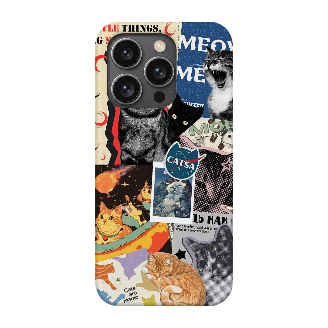 Cat Magazine Collage 3D Print iPhone 14 Pro Phone Case, back view; cats and magazine-style cutouts in blue, cream and warm collage tones