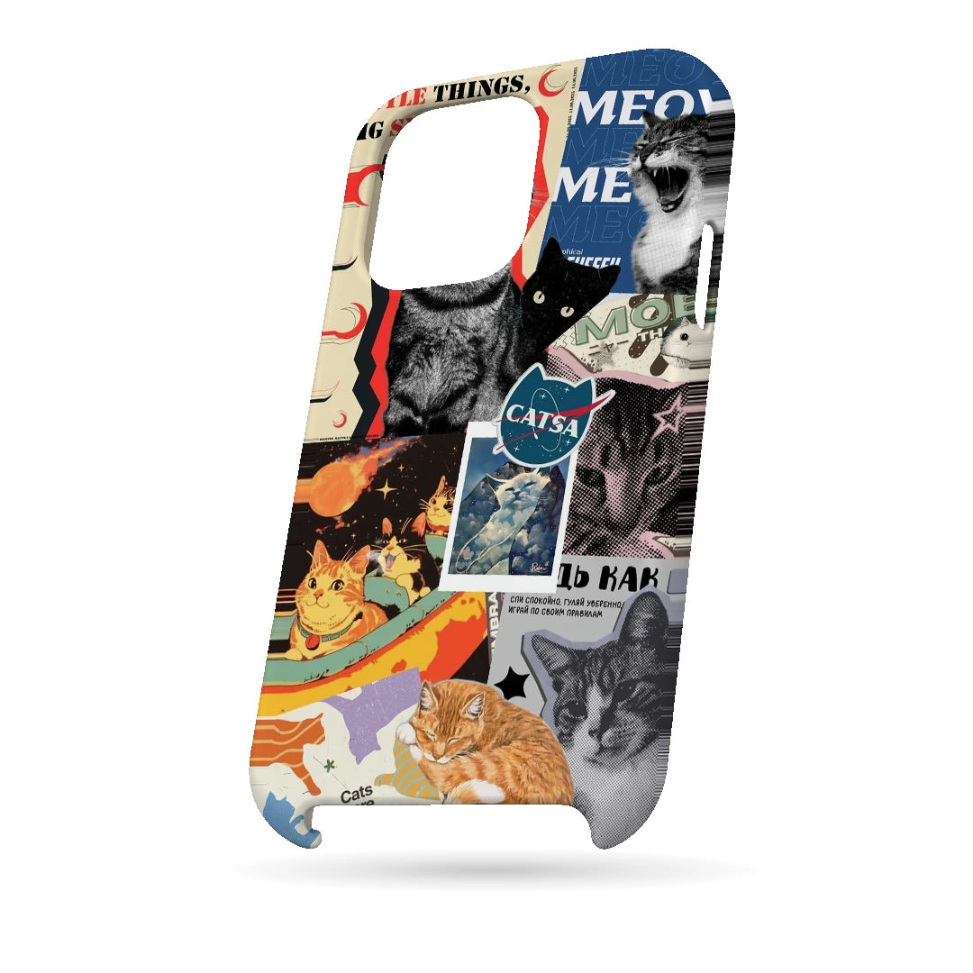 Cat Magazine Collage 3D Print iPhone 14 Pro Phone Case, bottom view; cats and magazine-style cutouts in blue, cream and warm collage tones