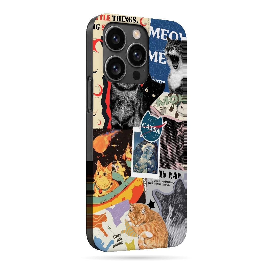 Cat Magazine Collage 3D Print iPhone 14 Pro Phone Case, right-side view; cats and magazine-style cutouts in blue, cream and warm collage tones