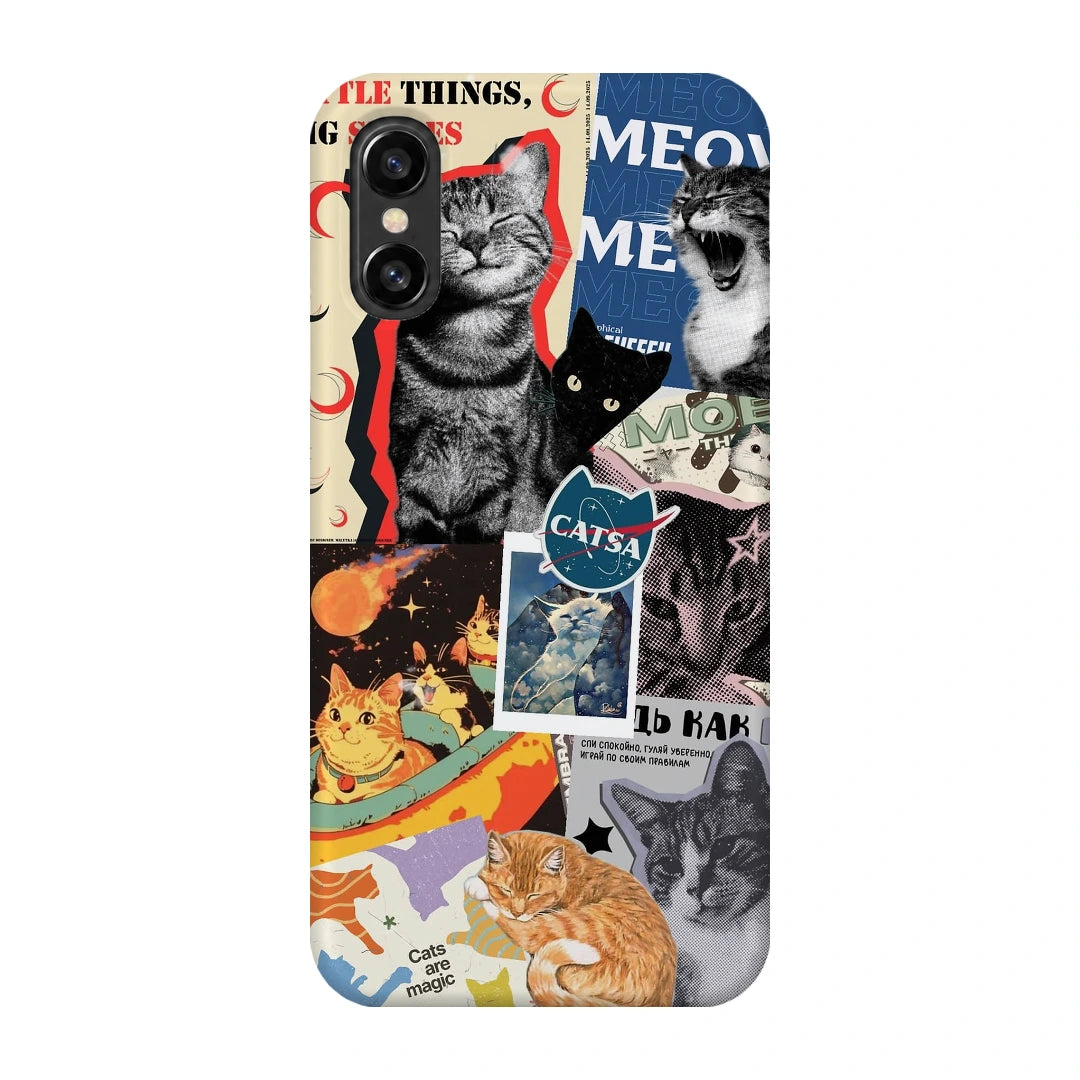 Cat Magazine Collage 3D Print iPhone XS Phone Case, back view; cats and magazine-style cutouts in blue, cream and warm collage tones