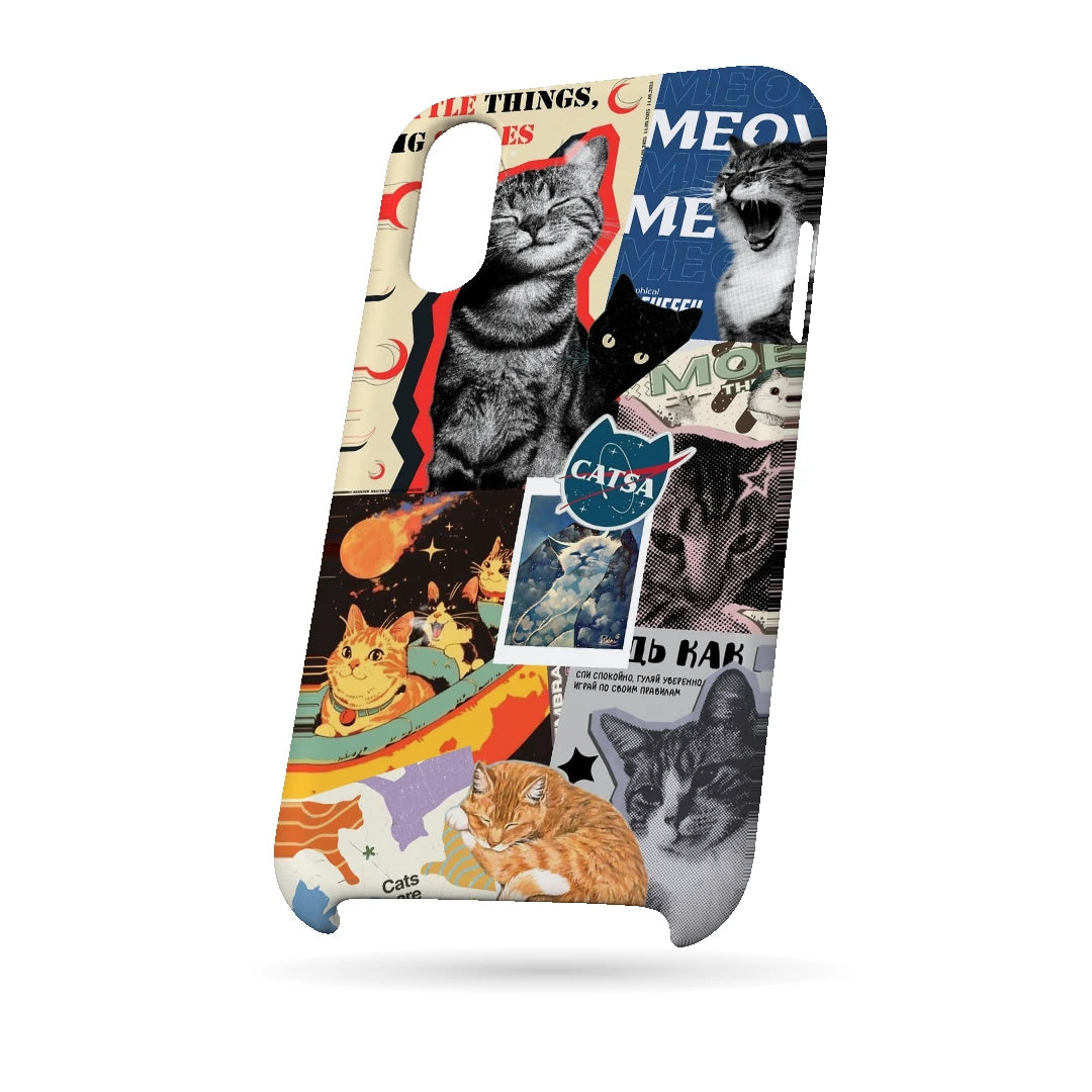 Cat Magazine Collage 3D Print iPhone XS Phone Case, bottom view; cats and magazine-style cutouts in blue, cream and warm collage tones