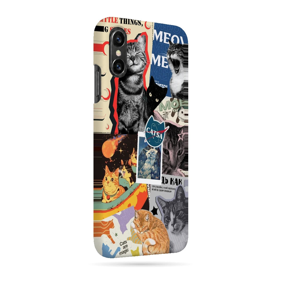 Cat Magazine Collage 3D Print iPhone XS Phone Case, right-side view; cats and magazine-style cutouts in blue, cream and warm collage tones