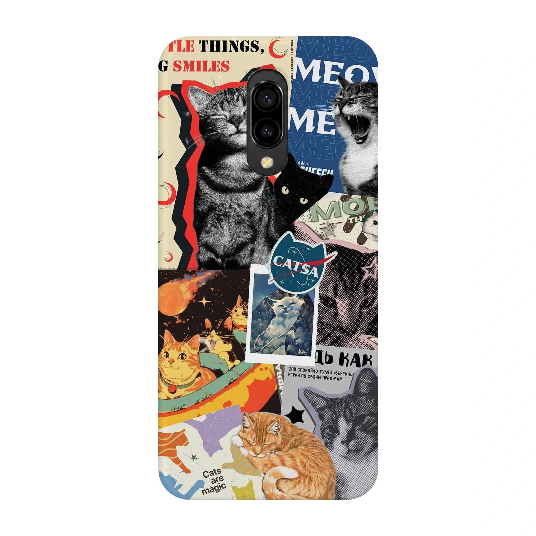 Cat Magazine Collage 3D Print OnePlus 6T Phone Case, back view; cats and magazine-style cutouts in blue, cream and warm collage tones