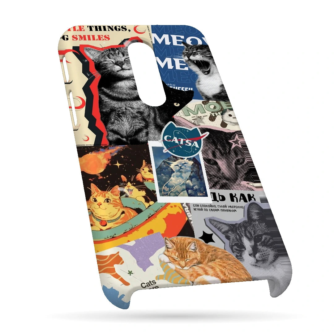 Cat Magazine Collage 3D Print OnePlus 6T Phone Case, bottom view; cats and magazine-style cutouts in blue, cream and warm collage tones