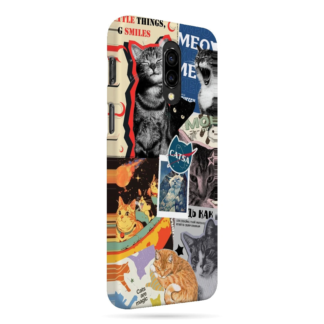 Cat Magazine Collage 3D Print OnePlus 6T Phone Case, right-side view; cats and magazine-style cutouts in blue, cream and warm collage tones