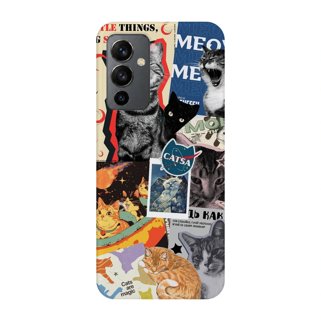Cat Magazine Collage 3D Print OnePlus 9 Phone Case, back view; cats and magazine-style cutouts in blue, cream and warm collage tones