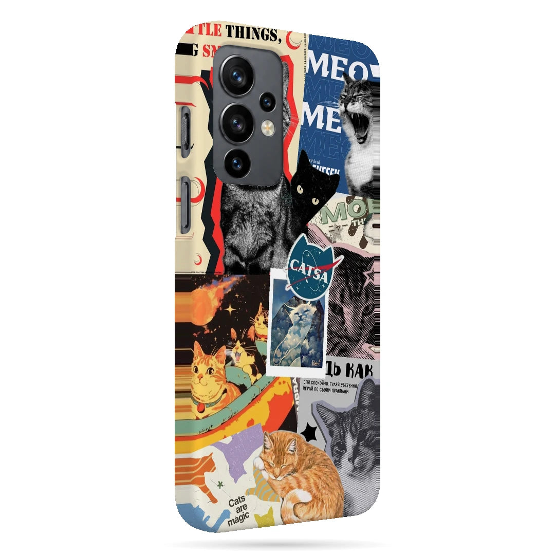 Cat Magazine Collage 3D Print OnePlus 9 Phone Case, right-side view; cats and magazine-style cutouts in blue, cream and warm collage tones