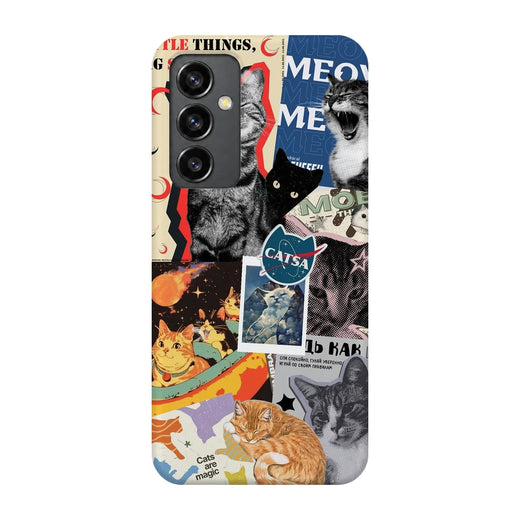Cat Magazine Collage 3D Print Samsung S23 FE Phone Case, back view; cats and magazine-style cutouts in blue, cream and warm collage tones