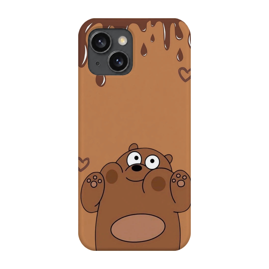 Chocolate Brown Bear 3D Print iPhone 15 Phone Case, back view; a rounded brown cartoon bear with a tan belly and chocolate-drip details