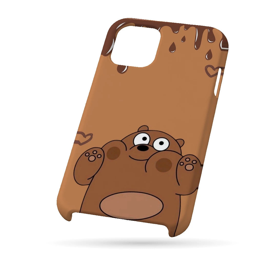 Chocolate Brown Bear 3D Print iPhone 15 Phone Case, bottom view; a rounded brown cartoon bear with a tan belly and chocolate-drip details