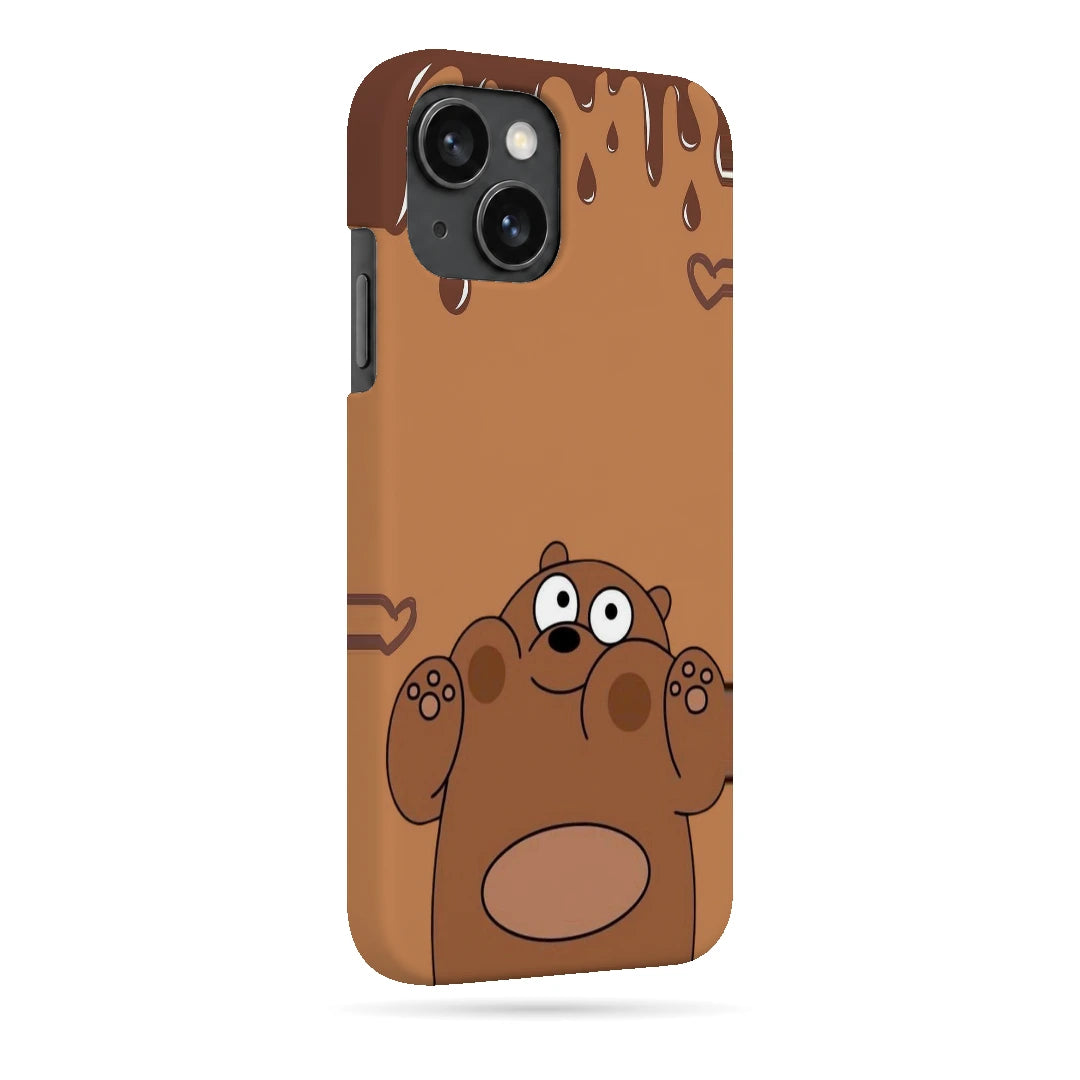Chocolate Brown Bear 3D Print iPhone 15 Phone Case, right-side view; a rounded brown cartoon bear with a tan belly and chocolate-drip details
