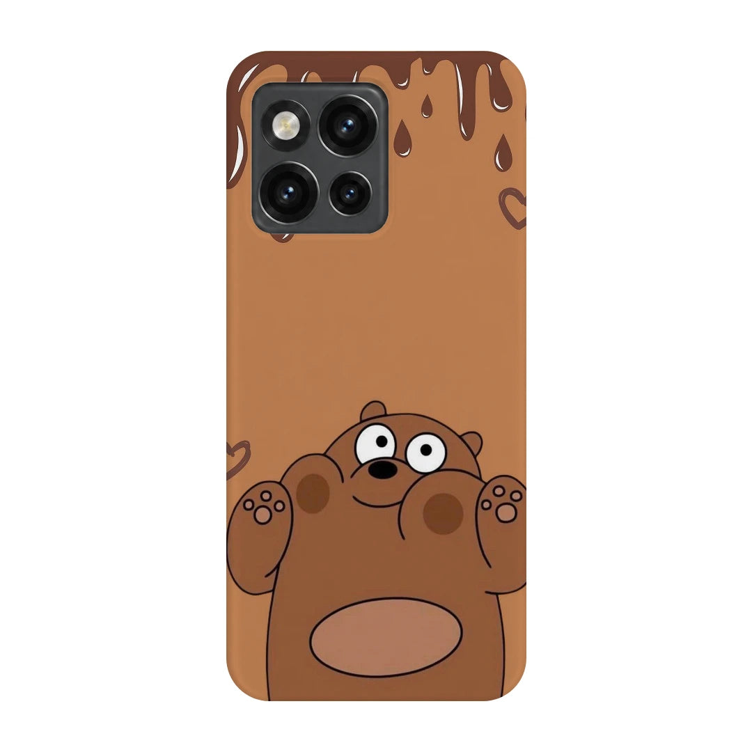 Chocolate Brown Bear 3D Print OnePlus 10T Phone Case, back view; a rounded brown cartoon bear with a tan belly and chocolate-drip details