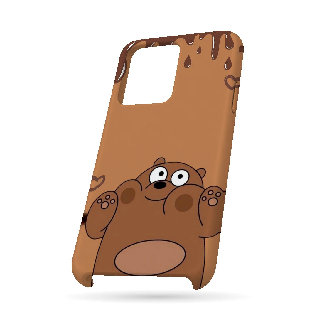 Chocolate Brown Bear 3D Print OnePlus 10T Phone Case, bottom view; a rounded brown cartoon bear with a tan belly and chocolate-drip details