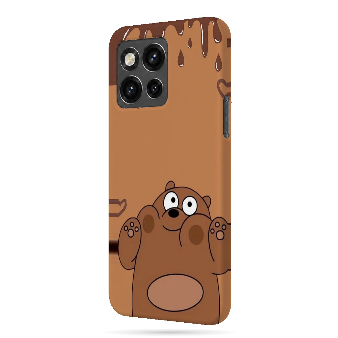 Chocolate Brown Bear 3D Print OnePlus 10T Phone Case, right-side view; a rounded brown cartoon bear with a tan belly and chocolate-drip details