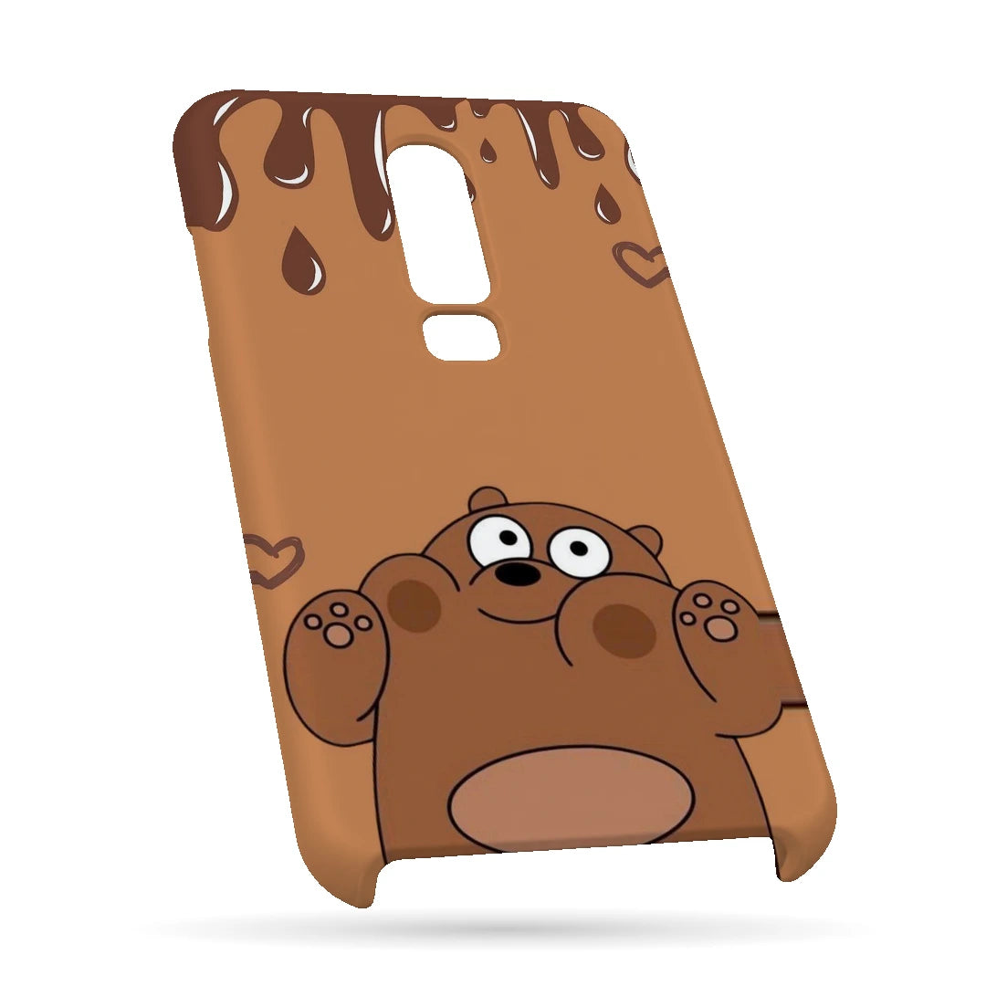 Chocolate Brown Bear 3D Print OnePlus 6 Phone Case, bottom view; a rounded brown cartoon bear with a tan belly and chocolate-drip details