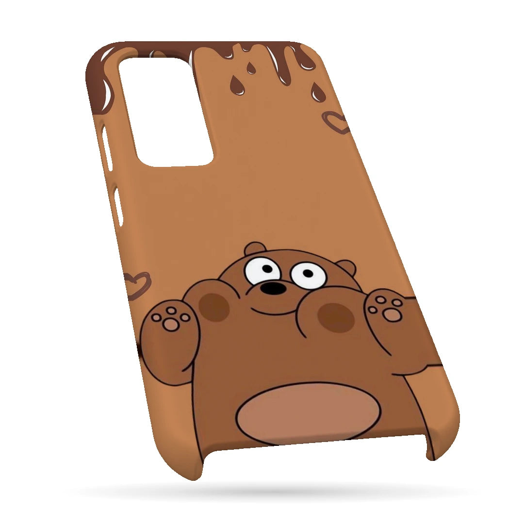 Chocolate Brown Bear 3D Print OnePlus 9 Phone Case, bottom view; a rounded brown cartoon bear with a tan belly and chocolate-drip details