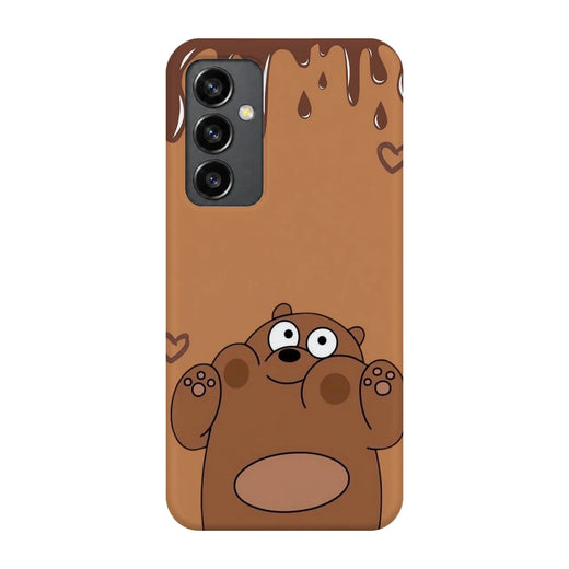 Chocolate Brown Bear 3D Print Samsung S23 FE Phone Case, back view; a rounded brown cartoon bear with a tan belly and chocolate-drip details
