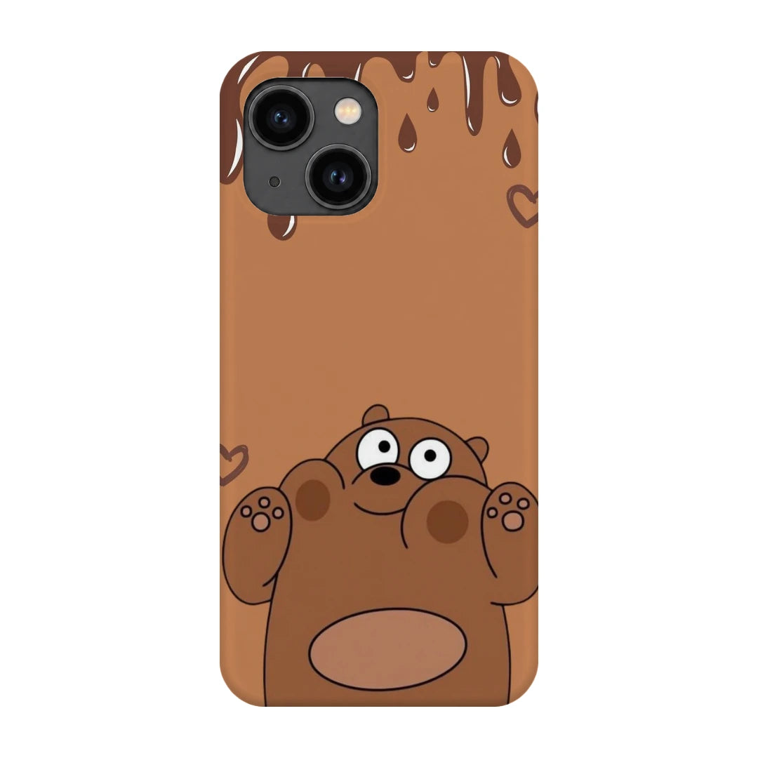 Chocolate Drip Bear 3D Print iPhone 13 Phone Case, back view; a wide-eyed brown bear below a chocolate-drip border