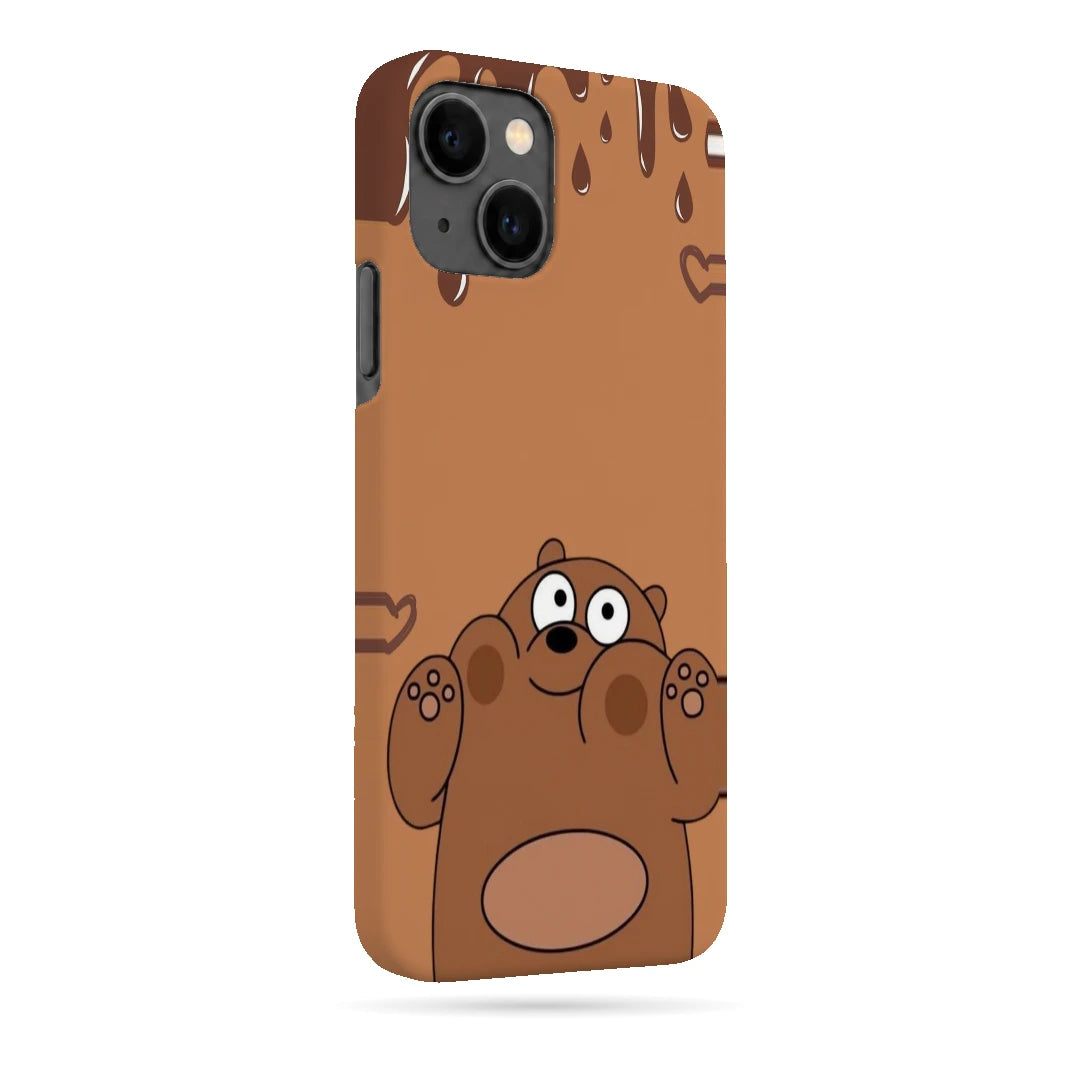 Chocolate Drip Bear 3D Print iPhone 13 Phone Case, right-side view; a wide-eyed brown bear below a chocolate-drip border