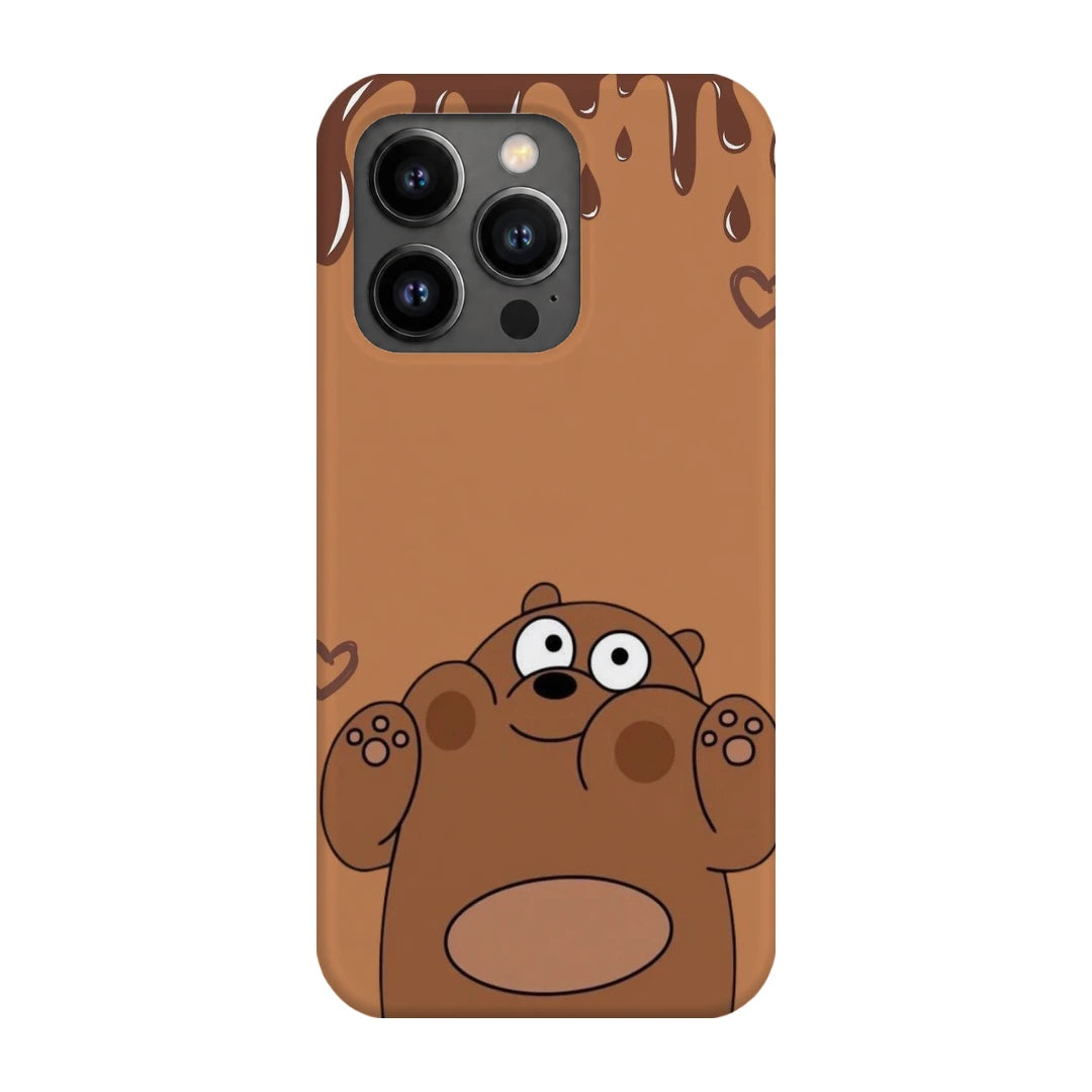 Chocolate Drip Bear 3D Print iPhone 13 Pro Phone Case, back view; a wide-eyed brown bear below a chocolate-drip border