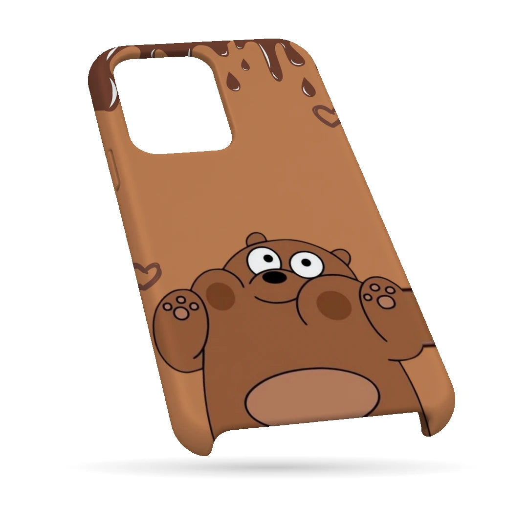 Chocolate Drip Bear 3D Print iPhone 13 Pro Phone Case, bottom view; a wide-eyed brown bear below a chocolate-drip border