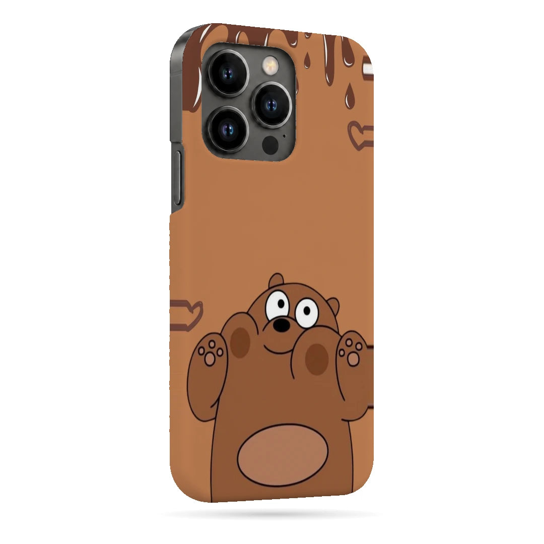 Chocolate Drip Bear 3D Print iPhone 13 Pro Phone Case, right-side view; a wide-eyed brown bear below a chocolate-drip border