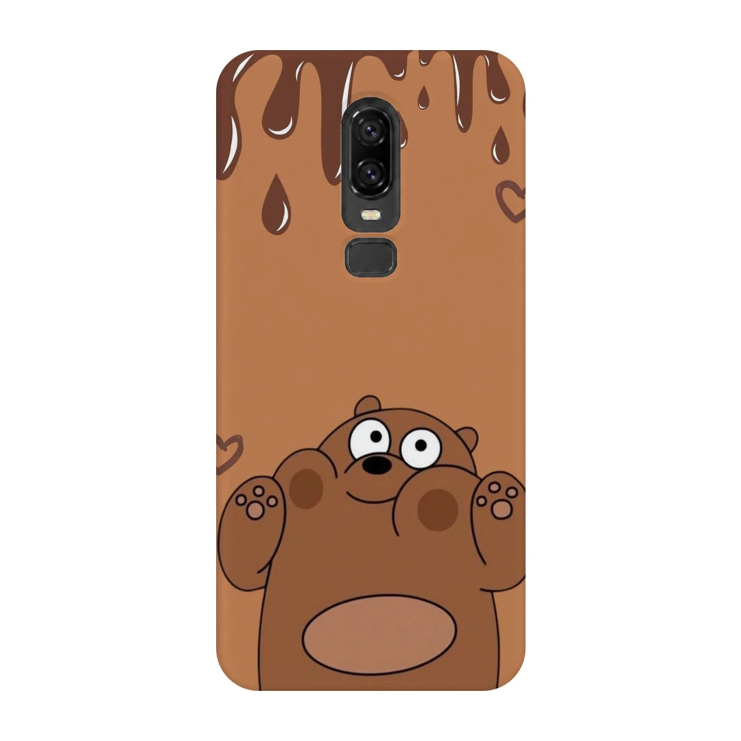 Chocolate Drip Bear 3D Print OnePlus 6 Phone Case, back view; a wide-eyed brown bear below a chocolate-drip border