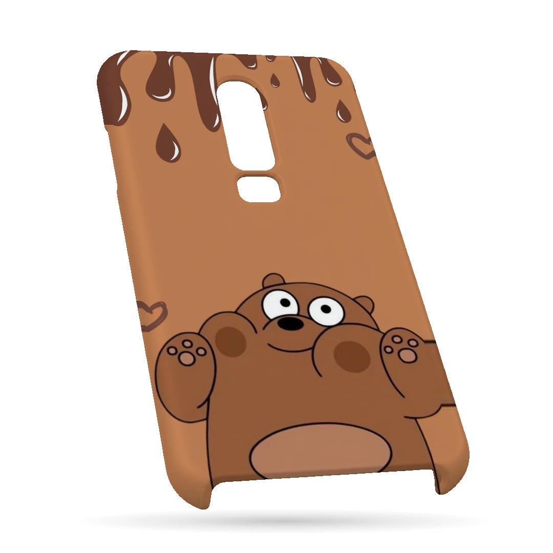 Chocolate Drip Bear 3D Print OnePlus 6 Phone Case, bottom view; a wide-eyed brown bear below a chocolate-drip border