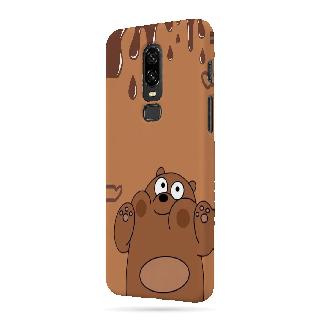 Chocolate Drip Bear 3D Print OnePlus 6 Phone Case, right-side view; a wide-eyed brown bear below a chocolate-drip border