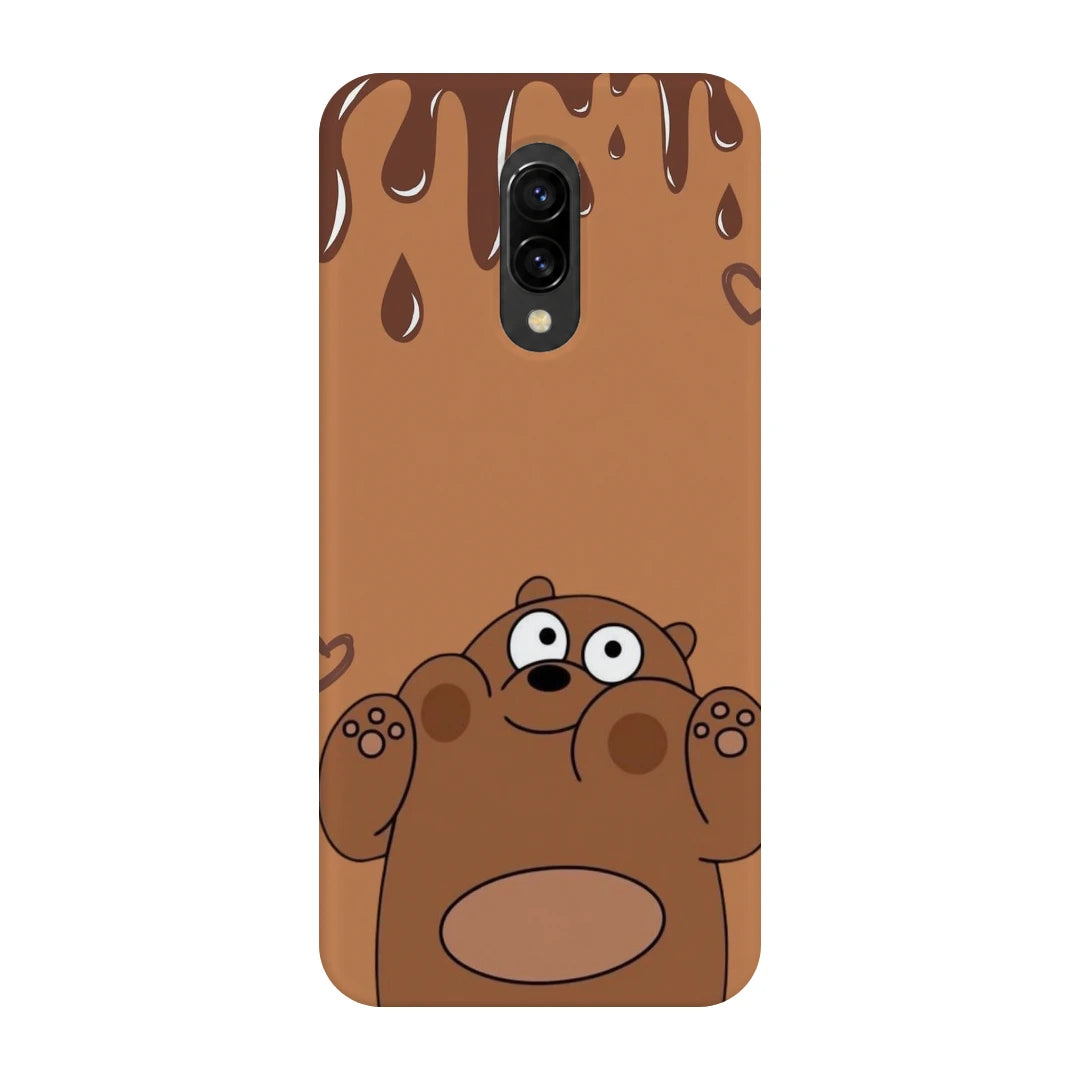 Chocolate Drip Bear 3D Print OnePlus 7 Phone Case, back view; a wide-eyed brown bear below a chocolate-drip border