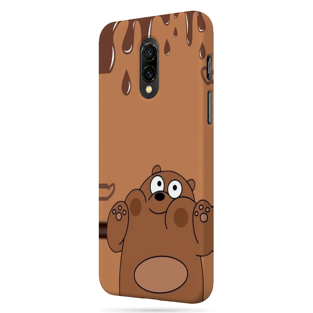 Chocolate Drip Bear 3D Print OnePlus 7 Phone Case, right-side view; a wide-eyed brown bear below a chocolate-drip border