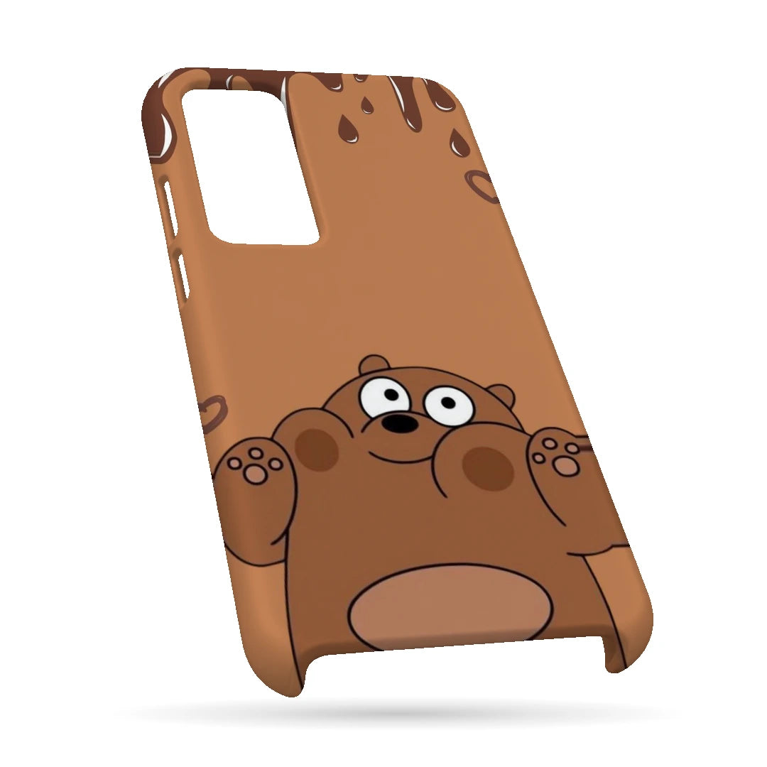 Chocolate Drip Bear 3D Print OnePlus 9RT Phone Case, bottom view; a wide-eyed brown bear below a chocolate-drip border