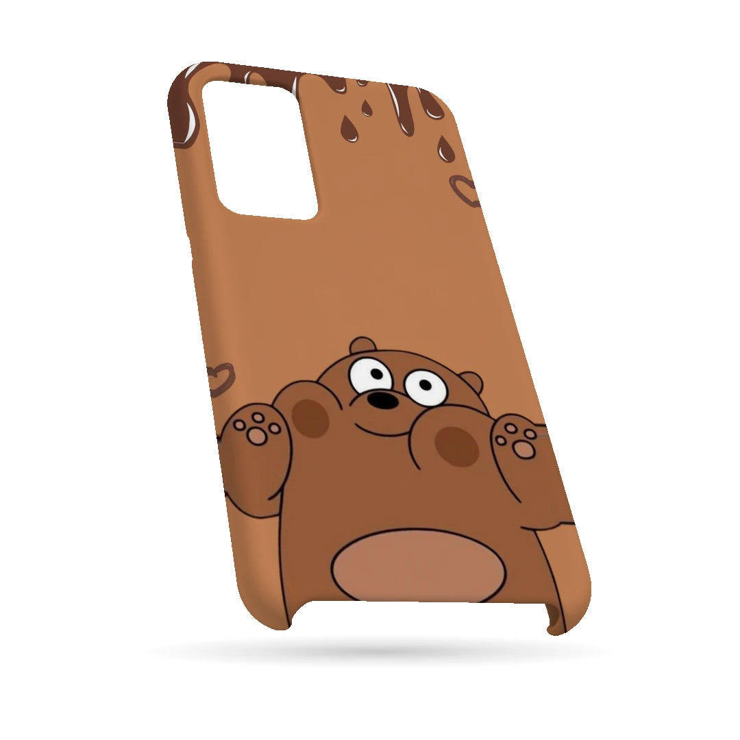 Chocolate Drip Bear 3D Print Samsung A32 5G Phone Case, bottom view; a wide-eyed brown bear below a chocolate-drip border