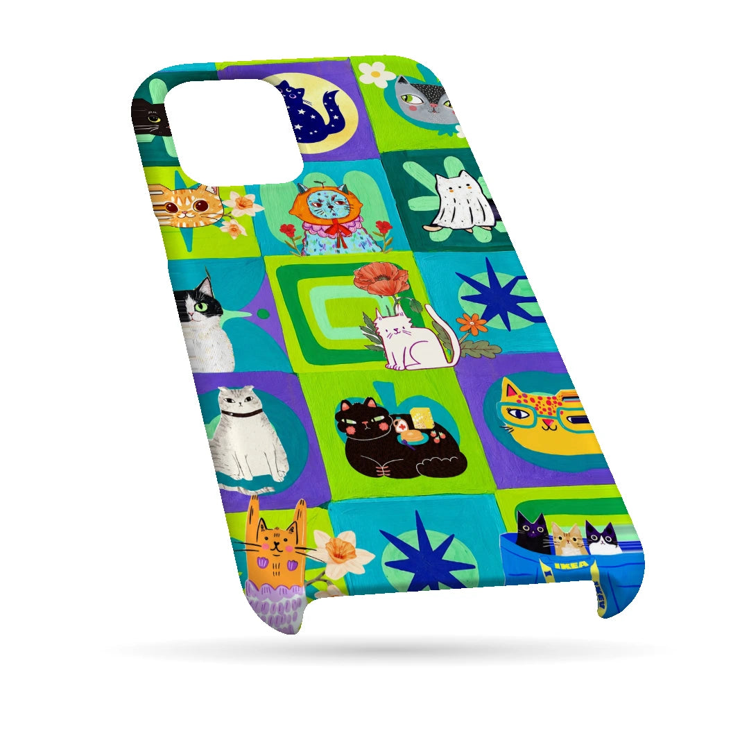 Color Block Cat Tiles 3D Print iPhone 13 Phone Case, bottom view; colorful checkerboard tiles filled with cats, flowers and small graphic motifs