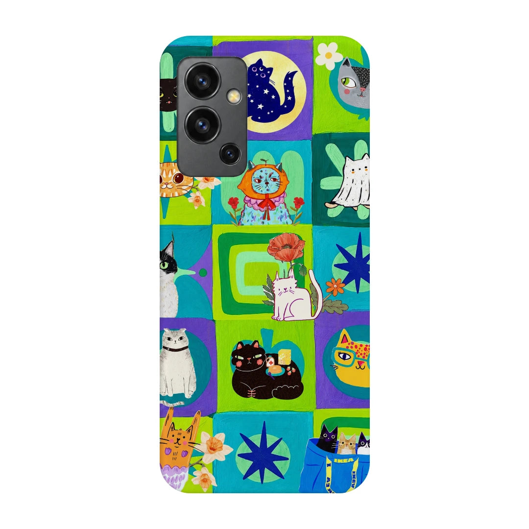 Color Block Cat Tiles 3D Print OnePlus Nord 2 Phone Case, back view; colorful checkerboard tiles filled with cats, flowers and small graphic motifs