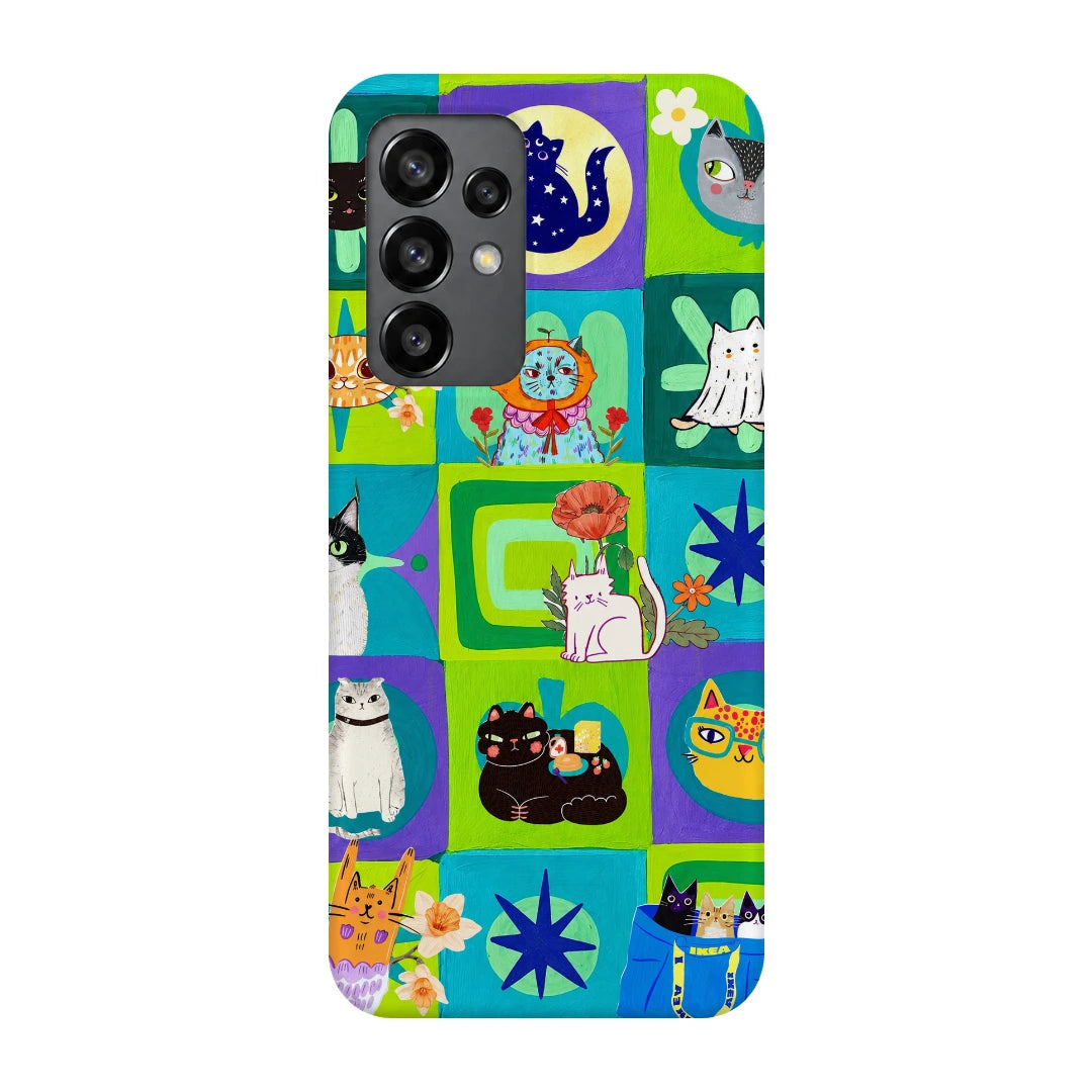Color Block Cat Tiles 3D Print Samsung A13 4G Phone Case, back view; colorful checkerboard tiles filled with cats, flowers and small graphic motifs