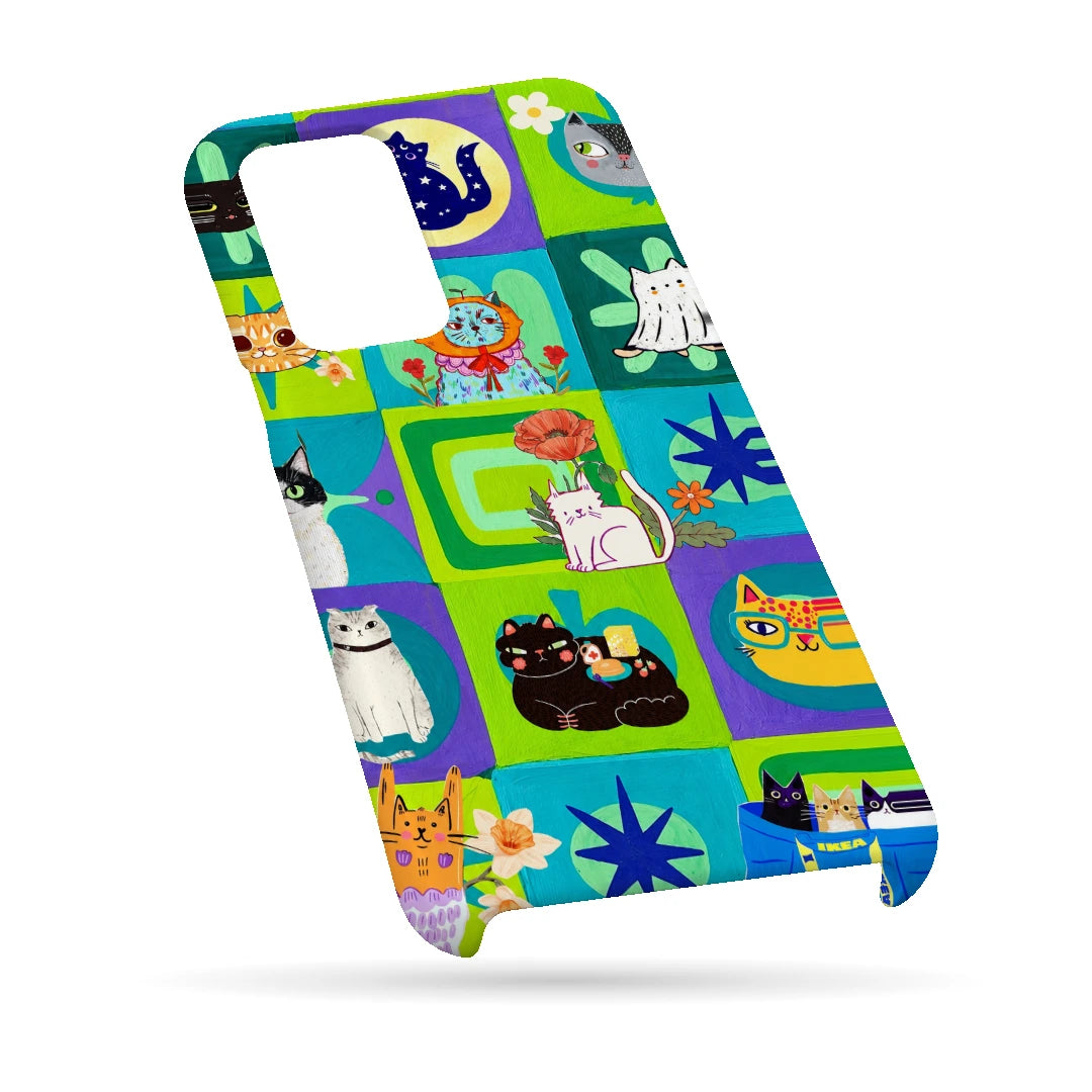 Color Block Cat Tiles 3D Print Samsung A13 4G Phone Case, bottom view; colorful checkerboard tiles filled with cats, flowers and small graphic motifs