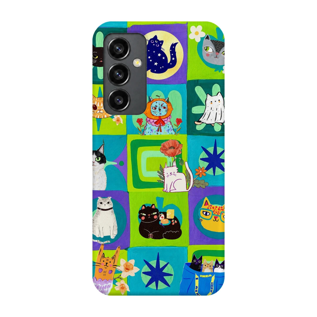 Color Block Cat Tiles 3D Print Samsung S23 FE Phone Case, back view; colorful checkerboard tiles filled with cats, flowers and small graphic motifs