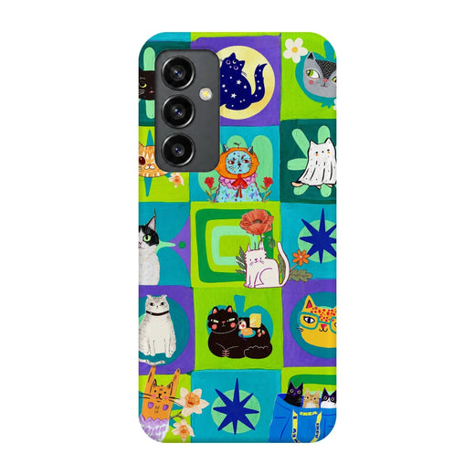 Color Block Cat Tiles 3D Print Samsung S23 FE Phone Case, back view; colorful checkerboard tiles filled with cats, flowers and small graphic motifs