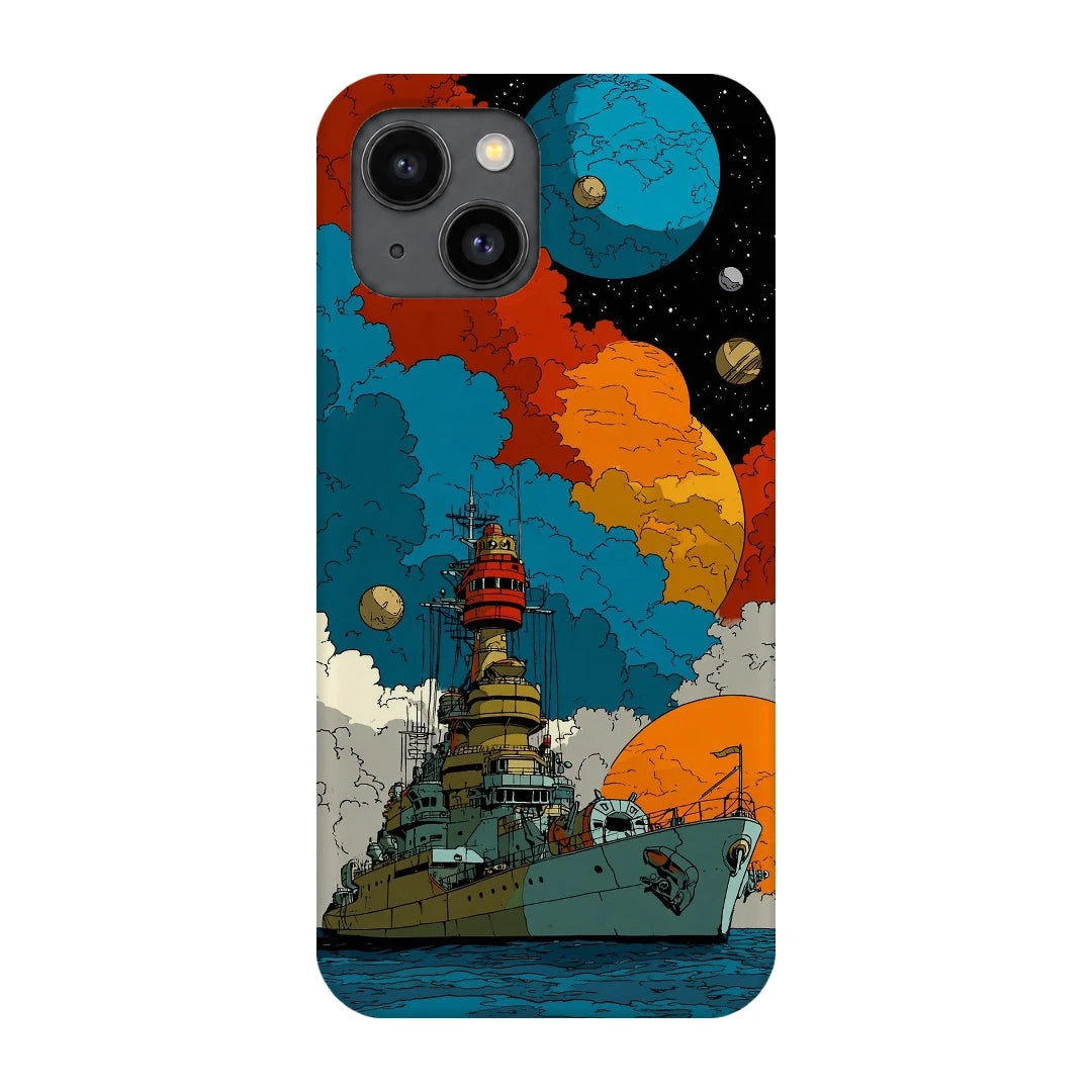 Cosmic Ship 3D Print iPhone 14 Phone Case, back view; a detailed ship below colorful planets and clouds